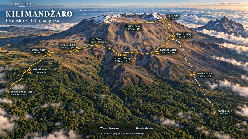 Wizualizacja trasy Lemosho · 8 dni: obozy, wejście na Uhuru Peak i zejście